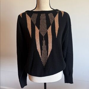 Vintage Women's Black Crewneck Sweater with Tan Geometric Front